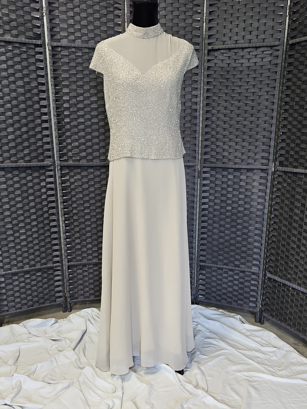 Size 8 tan to taupe in color beaded bodice chiffon aline evening gown by Jkara